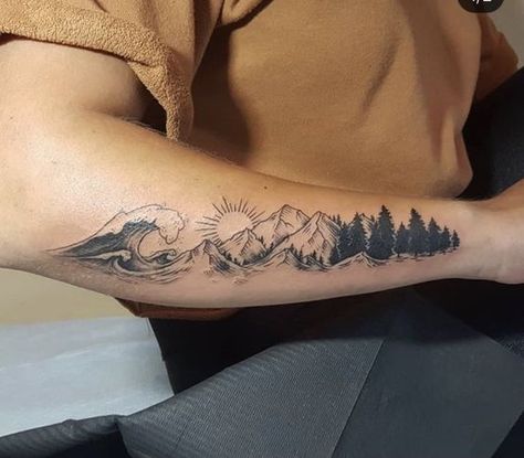 Mountain Ocean Forest Tattoo, California Sleeve Tattoo Ideas, Mountain Half Sleeve Tattoo, Mountain To Sea Tattoo, Mountain Theme Tattoo, Pacific Northwest Tattoo Ideas, Mountain Leg Tattoo, Nature Tattoo Women, Mountain And River Tattoo