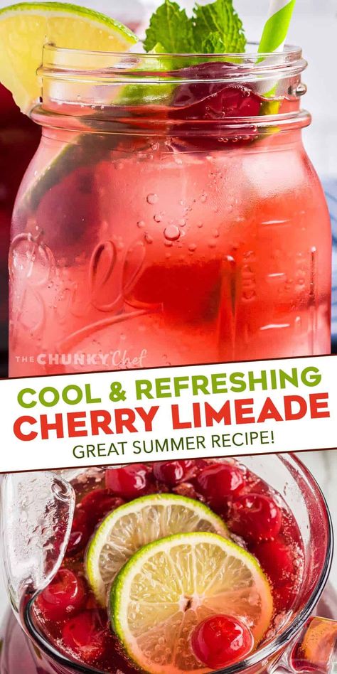 This refreshing non-alcoholic Tart Cherry Limeade is made with simple ingredients, makes a large batch, and the recipe has plenty of options for substitutions! #drink #summer #cherry #limeade Summer Drink Recipes Nonalcoholic, Cherry Limeade Recipe, Limeade Recipe, Alcoholic Punch Recipes, Superfood Smoothies, Drink Recipes Nonalcoholic, Cheap Meal Ideas, Cherry Limeade, Refreshing Drinks Recipes