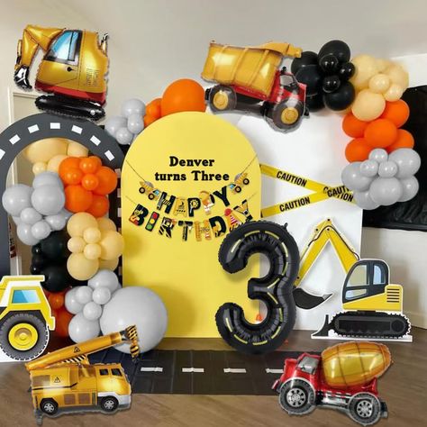 PRICES MAY VARY. PACKAGE:40inch number balloon(1pc) truck foil balloon(4Pcs), 18'' yellow/orange/grey balloon(3Pcs),10'' balloon(90Pcs), 5'' balloon(30Pcs), vehicle banner(1Pc), 85ft caution tape, 2pcs balloon tools(balloon arch strip, 100 glue points). CONSTRUCTION FOIL BALLOON: Our construction balloons set for boys birthday, 40inch number balloon and truck balloon made of high-quality aluminum foil mylar material, which can stand the long-hour display. Durable and reusable, you can also defla Construction Theme Balloon Arch, 3rd Birthday Construction Theme, Tonka Truck Birthday Party, Construction Balloons, Excavator Birthday Party, Vehicle Birthday Party, Construction Theme Cake, Excavator Birthday, Construction Birthday Decorations