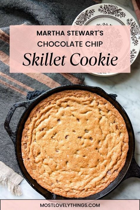 Martha Stewart's skillet chocolate chip cookie recipe is a great excuse to make a giant chocolate chip cookie for any occasion. A scoop of vanilla ice cream, a drizzle of Hershey's chocolate syrup on top, and you have the perfect dessert. Skillet Cookie Recipe, Chocolate Chip Skillet Cookie, Giant Chocolate Chip Cookie, Skillet Chocolate Chip Cookie, Hershey's Chocolate, Giant Chocolate, Skillet Cookie, Pumpkin Recipes Dessert, Chocolate Chip Cookie Recipe