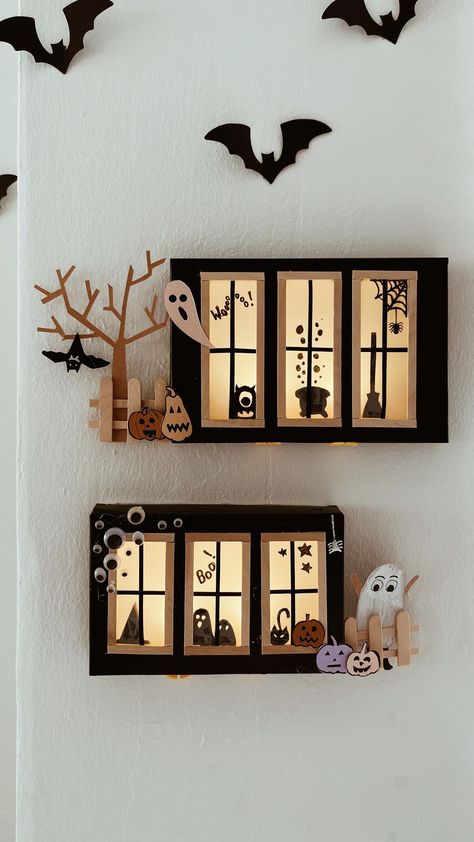 Halloween Decorations Cardboard Diy, Spooky Cardboard Crafts, Cardboard Box Halloween Decorations, Halloween Crafts Cardboard, Egg Box Halloween Crafts, Halloween Shadow Box Ideas Diy, Halloween Box Decorations, Cute Spooky Halloween Decor, Cardboard Box Halloween Decor