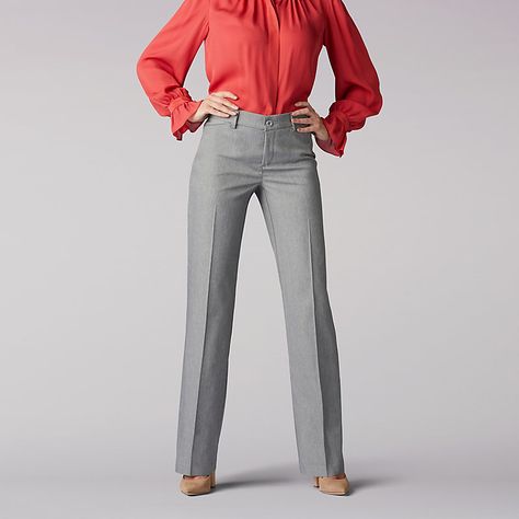 When it comes to capturing a clean and crisp look that lasts all day, the Flex Motion Trouser Pant will certainly take your working wardrobe to a whole new level. This mid rise, regular fit pant is perfect for the daily grind, date night, and everything in between. The waistband on this trouser is designed for a no gap fit, made with a brilliant flexibility that never pinches or digs. Features include belt loops, front slant pockets, back welt pockets, and a trouser leg style. It’s when effortle Business Casual Outfits For Women Grey Pants, Light Gray Pants Outfit Work, Charcoal Grey Pants Outfit, Light Grey Pants Outfit Work, Gray Slacks Outfit Women, Grey Pants Outfit For Work Women, Outfits For Older Women Over 60, Grey Slacks Outfit Women, Grey Dress Pants Outfit