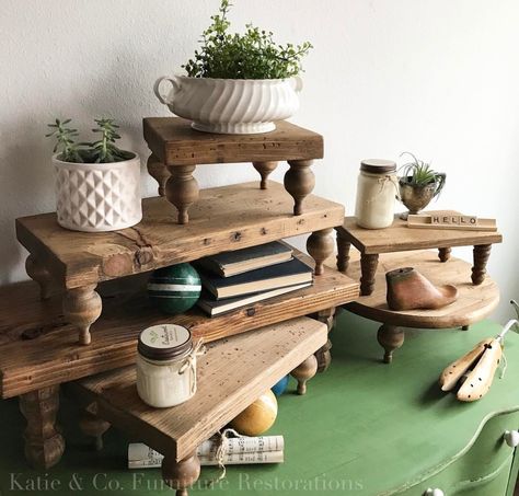 Farmhouse Risers Diy, Wooden Food Risers, Risers For Tv Stand, Diy Plant Riser Indoor, Shelf Risers Diy, Diy Wood Riser Tray, Diy Shelf Riser, Table Risers Diy Food Displays, Diy Plant Riser