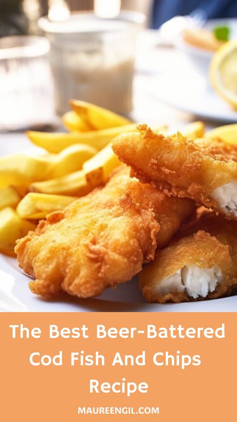 The Best Beer-Battered Cod Fish and Chips Recipe Cod Fish And Chips, Fried Cod Fish Recipes, Fish And Chips Batter, Beer Battered Fish And Chips, Fried Cod Fish, Beer Batter Recipe, Battered Fish And Chips, Homemade Fish And Chips, Fish And Chips Recipe