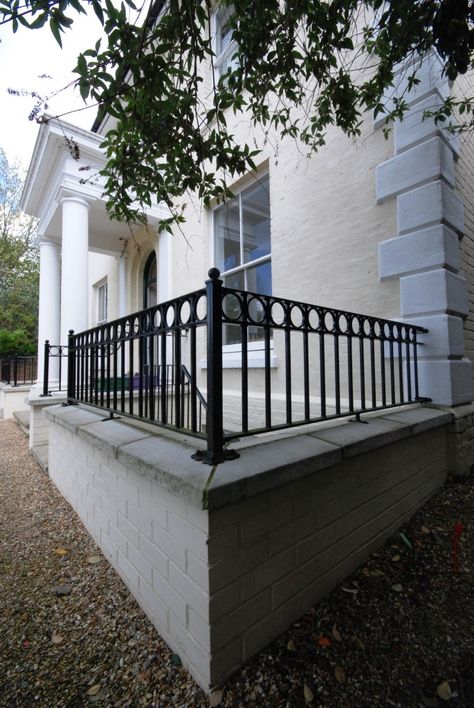 Basement conversion to a Georgian house in Guildford - Heritage Architecture Balcony Railings Exterior, Wrought Iron Railings Outdoor, Wrought Iron Railing Exterior, Wrought Iron Porch Railings, Iron Railings Outdoor, Wrought Iron Balcony, Iron Balcony Railing, Front Porch Railings, Basement Conversion