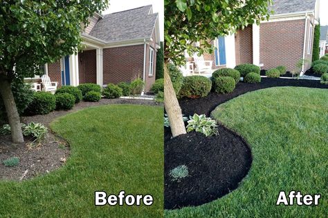 Rock Vs Mulch Landscaping, Black Mulch And Rock Landscaping, Black Mulch With White Rocks, Black Mulch Landscaping Ideas Front Yard, Mulch Vs Rock Landscaping, Mulch Bed Ideas Front Yards, Dark Mulch Landscaping, Landscape With Black Mulch, Landscape Ideas Black Mulch