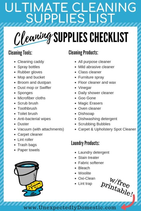 Use this cleaning supplies list printable to stock your home with the best cleaning products and tools for your kitchen, bathroom, and more! Vinegar Shower Cleaner, Ultimate Cleaning Checklist, Cleaning Supplies Checklist, Spot Cleaning Carpet, Cleaning Caddy, Cleaning Supplies List, Clean Your House, Deep Cleaning Tips, Best Cleaning Products