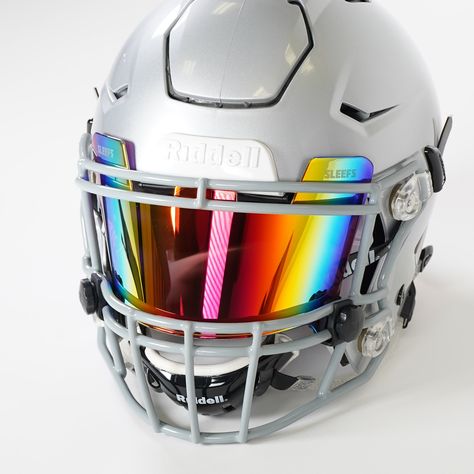 Assortment of Colors to Pair with Any Uniform Combo Football Visors have quickly become one of the most stunning displays of style and intimidation. Sleefs impact and scratch-resistant visors allow you to storm the field with an extreme level of confidence. There are over 50 colors/styles meant to pair with any uniform and give you an all-pro look. Sleefs visors also provide durability and can be used repeatedly throughout a season. Most importantly, the material stays compact, allowing maximum Viper Glasses, Pit Viper Glasses, Custom Football Cleats, Football Visor, Cool Football Helmets, Football Shoulder Pads, Football Drip, Hockey Gear, Sports Outfits