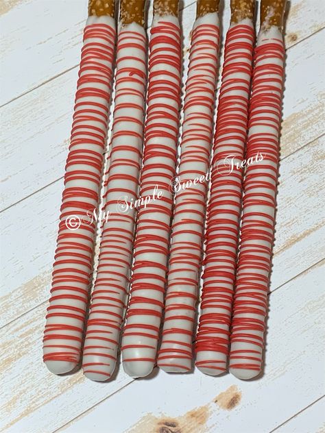 Red Pretzel Rods, Red And White Desserts, Red Treats, White Party Foods, White Pretzels, Graduation Party Treats, Chocolate Covered Pretzel Sticks, Covered Pretzel Rods, White Chocolate Covered Pretzels