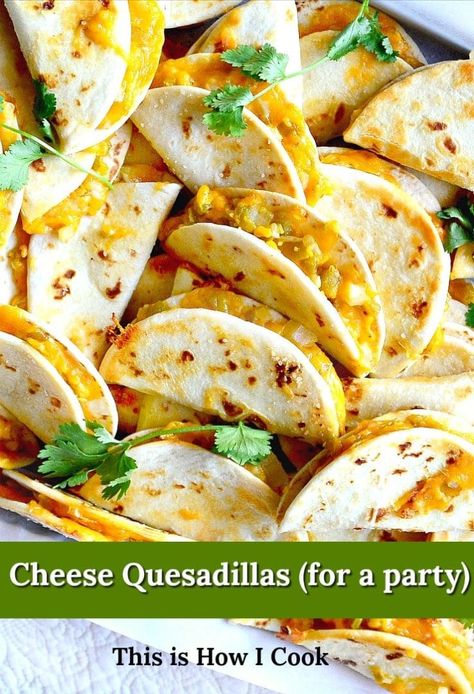 These salty, cheese quesadilla crisps are perfect party fare. Make ahead, reheat in 5 minutes and guaranteed to be a party pleaser! #quesadillas #cheesequesadillas #mexicanfood #appetizers #partyfood #footballfood #gamedayfood Quesadilla Appetizers Party, Mini Quesadillas Appetizers, Quesadillas For A Crowd, Quesadilla Crisps, Mini Quesadillas, Cheese Quesadilla Recipe, Cheese Quesadillas, Cheese Quesadilla, Easy Party Food