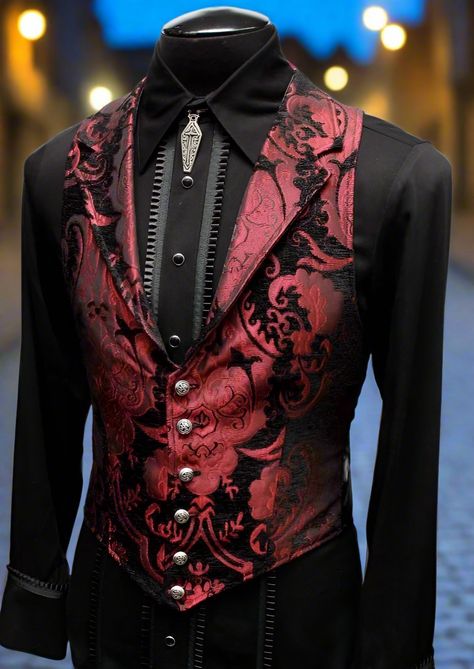 Shrine of Hollywood ARISTOCRAT VEST - BLACK/RED TAPESTRY aristocrat formal goth gothic Men's Vests red steampunk tapestry vampire vest victorian wedding Wedding Ideas Suits, Red Victorian Suit, Vampire Suit Men, Mythical Clothes, Fancy Male Outfits, Victorian Goth Men, Black And Red Tux, Wedding Black And Red, Red Suit Vest