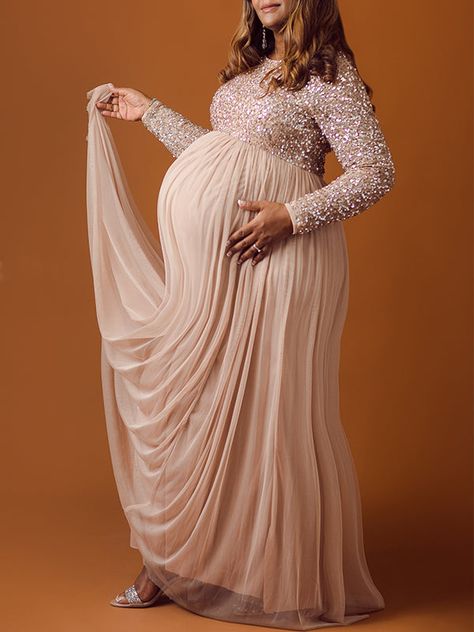 Momyknows Sequin Tulle Splicing Long Sleeve Party Gown Photoshoot Maternity Baby Shower Maxi Dress Maternity Ball Gowns, Gown Photoshoot, Baby Shower Gown, Maternity Sundress, Photoshoot Maternity, Maternity Long Dress, Shower Outfits, Maternity Nursing Dress