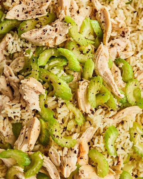 Gratitude Chicken and Celery Rice | Kitchn Celery Recipe, Chicken Celery, Celery Recipes, Cream Of Celery Soup, Cooking Chicken To Shred, Chicken Salad Recipes, Shredded Chicken, Week Meal Plan, Chicken Breast Recipes