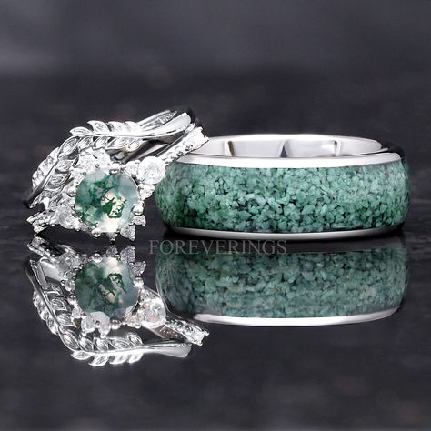 Miss Agate Wedding Ring Set, Vine Wedding Ring Set, Moss Agate Band Ring, Cool Promise Rings, Matching Moss Agate Wedding Rings, Matching Wedding Rings Silver, Emerald Wedding Band Set, Green Wedding Ring Set, Non Traditional Wedding Rings Sets