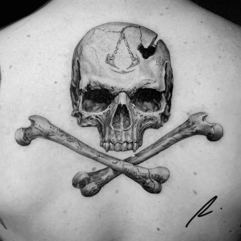 Realism Skull Tattoo, Dc Tattoos, Crossbones Tattoo, Realism Skull, Mori Tattoo, Pirate Skull Tattoos, Memento Mori Tattoo, Pirate Tattoo, Demon Tattoo