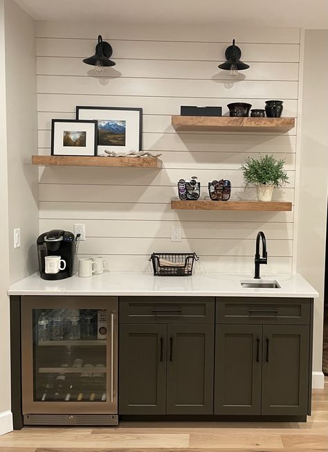 Wet Bar With Shiplap, Shiplap Wet Bar Ideas, Small Wet Bar With Floating Shelves, Modern Farmhouse Kitchenette, Basement Snack Bar Ideas Beverage Center, Basement Mini Kitchen Ideas, Apartment Kitchenette Small Spaces, Bonus Room Kitchenette Ideas, Basement Corner Kitchenette Ideas