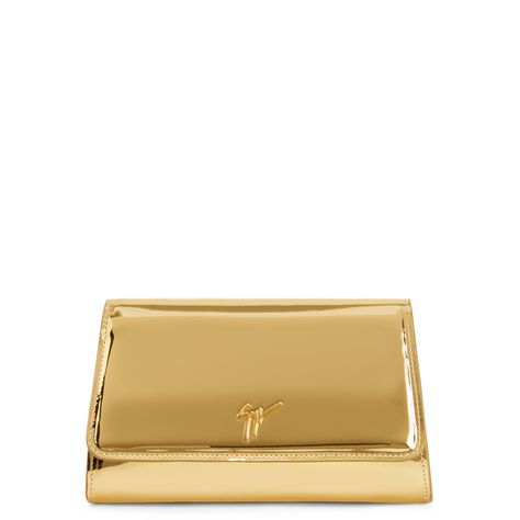 Clutch bag crafted from mirror-effect golden synthetic fabric, featuring the iconic golden metal 'Signature' hardware and chain shoulder strap, a magnetic closure on the front and leather and fabric inner lining with card slot and zipper pocket. Golden Clutch, Golden Bag, Gold Clutch Purse, Gold Clutch Bag, Reflective Fabric, Gold Purse, Golden Birthday, Gold Clutch, 22nd Birthday