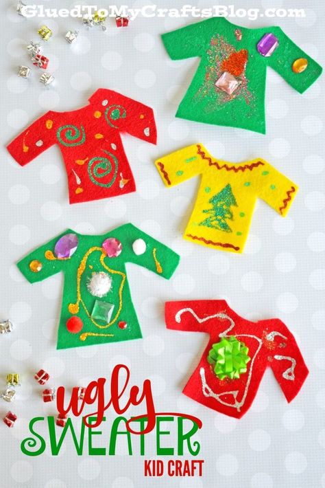 Felt Ugly Sweater - Kid Craft. Cute activity for #Christmas speech therapy! #uglysweater #kidcrafts #gluedtomycrafts Christmas Kids Art Projects, Holiday Party Crafts, Ugly Christmas Sweater Ornament, Ugly Sweater Day, Diy Christmas Sweater, Christmas Activities For Kids, Kid Craft, Winter Crafts For Kids, July Crafts