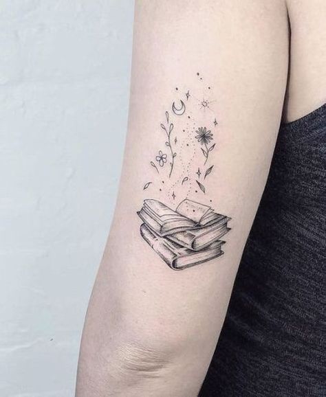 Cute Arm Tattoos For Women We're Obsessed With - Society19 Small Book Tattoo, Open Book Tattoo, Book Inspired Tattoos, Datum Tattoo, Tato Geometris, Book Tattoo Ideas, Bookish Tattoos, Tato Lengan, Tattoos For Lovers