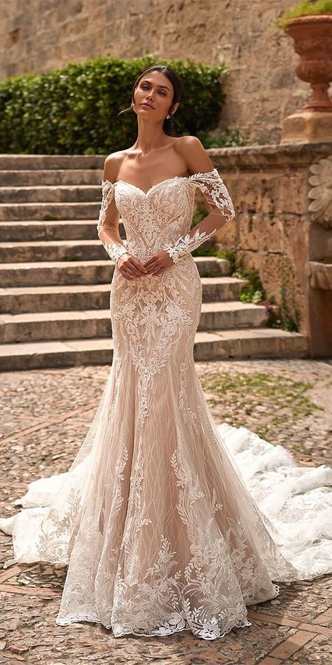 24 Best Lace Wedding Dresses With Sleeves ❤ lace wedding dresses with sleeves mermaid off the shoulder val stefani ❤ #weddingdresses #laceweddingdresses #longsleeveweddingdresses Trumpet Wedding Dress Detachable Train, Custom Wedding Dress Sleeves, Wedding Dresses With Off The Shoulder, Mermaid Sleeve Wedding Dress, Mermaid Wedding Dress Elegant, Long Lace Wedding Dress, Mermaid Off Shoulder Wedding Dress, Fishtail Wedding Dress With Sleeves, Spicy Wedding Dresses