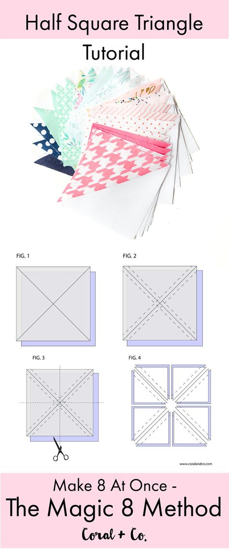 The Magic 8 Method Tutorial - Make 8 Half Square Triangles at Once | Coral + Co. Half Square Triangles Tutorial, Half Square Triangle Quilts Pattern, Triangle Quilt Pattern, Half Square Triangle Quilts, Half Square Triangle, Beginner Sewing Projects Easy, Triangle Quilt, Half Square Triangles, Quilting For Beginners