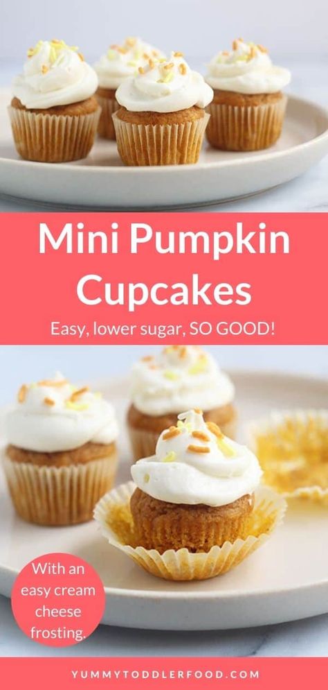 Mini Pumpkin Cupcakes with Cream Cheese Frosting Pumpkin Cupcakes Easy, Mini Pumpkin Cupcakes, Easy Pumpkin Cupcakes, Pumpkin Cupcakes With Cream Cheese, Mini Pumpkin Muffins, Pumpkin Cupcake Recipes, Cream Cheese Frosting Easy, Pumpkin Recipes Healthy, Picky Toddler