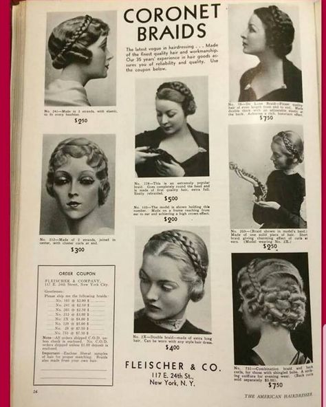 These 1930s hairstyles with braid hair pieces are so pretty. Which is your favorite? 1930's Hairstyles, Hairstyles 1900, 1930 Hair, 1930s Hairstyles, 1930s Hair, Historical Hairstyles, Vintage Hairstyle, Finger Wave Hair, Vintage Hairstyles Tutorial