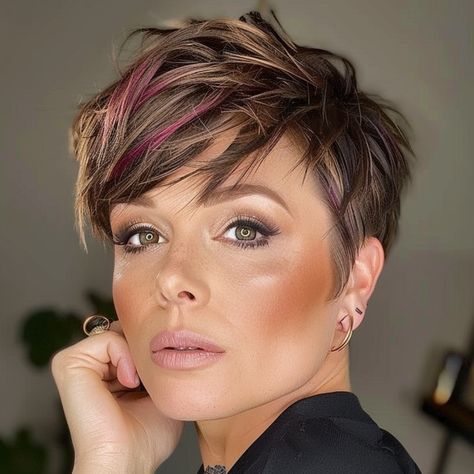 Choppy Pixie with Peek a Boo Bang Peak A Boo Hair Color Pixie, Short Pixie Long Bangs, Short Hair In Back Long In Front Women, Pixie Cut Color Ideas, Short Pixie With Bangs, Light Brown Pixie, Brunette Pixie With Highlights, Long Pixie Cut With Bangs, Layered Pixie Bob