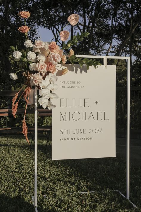 Wedding welcome sign design woth floral roses, rose, modern, modernsign, modern sign, weddingsign, wedding sign, wedding signage, weddingsignage, decor, wedding decor, weddingdecor, wedding idea, weddingidea, weddingstyling, wedding styling, weddingphotography, wedding photography Wedding Welcome Sign Flowers, Signage Flowers, Welcome Sign Design, Ceremony Signage, Greeting Ideas, Wedding Golf, 2024 Bride, Noosa Heads, Spring Garden Wedding