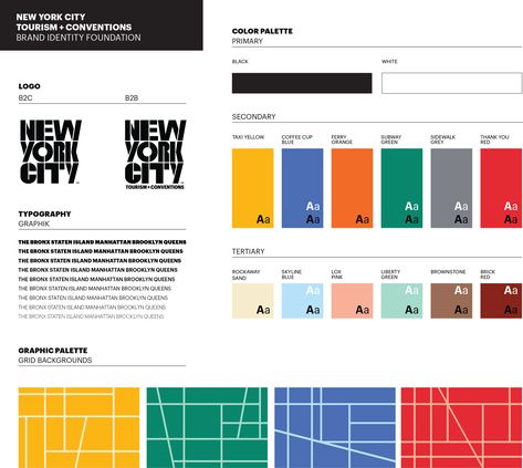 Brand New: New Name, Logo, and Identity for New York City Tourism + Conventions by 2×4 New York City Color Palette, Building Brand Identity, City Identity Design, City Branding Design, Aviation Branding, Street Branding, University Brand Identity, City Logos Branding, Place Branding Cities