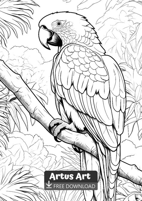 Awesome Macaw Coloring Page - Free PDF Download Coloring Page. #freedownload #awesomemacawcoloringpage #awesomemacaw Jungle Cartoon, Bird Coloring Pages, Online Coloring Pages, Ancient Myths, Lukisan Cat Air, Retro Theme, Fantasy Fairy, Fantasy Dragon, Cartoon Style