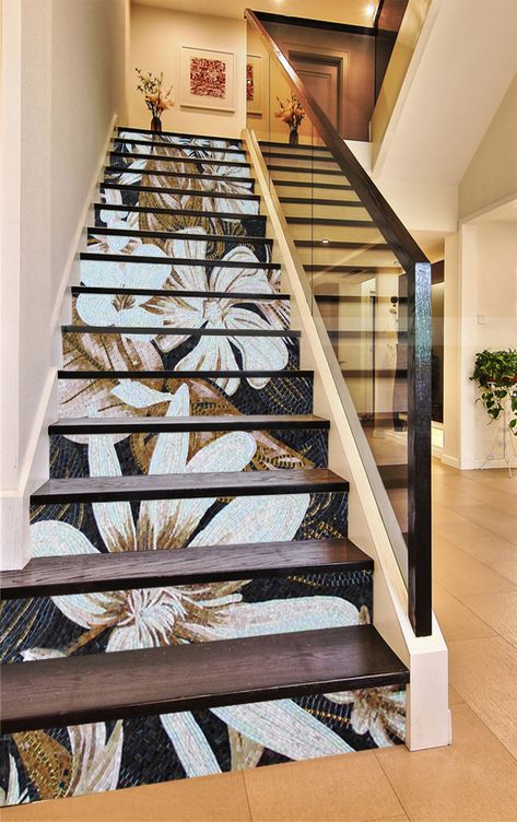 3D Flowers Pattern 1520 Stair Risers | AJ Wallpaper Decal Wallpaper, Stair Art, Stair Decals, Stair Riser Decals, Stair Stickers, Stairs Makeover, Marble Stairs, Tile Stairs, Staircase Decor