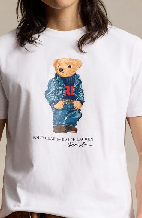 Outfitted in head-to-toe denim, a casual Polo Bear is as ready for the weekend as you are on this T-shirt made of soft cotton and styled to look great whether you wear it layered or on its own. 28 1/2" length (size Medium) Crewneck Short sleeves 100% cotton Machine wash, dry flat Imported Polo Bear Ralph Lauren, Herno Woman, Ralph Lauren Polo Bear, Americana Fashion, Polo Bear, Hugo Boss Man, Cardigan Shirt, Jacket Parka, Norma Kamali