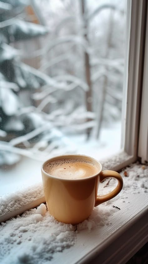 Cozy Winter Coffee: A warm cup of coffee sits on a snow-dusted windowsill against the backdrop of a wintry scene. #coffee #winter #snow #windowsill #warmth #aiart #aiphoto #stockcake ⬇️ Download and 📝 Prompt 👉 https://ayr.app/l/1yHZ Coffee In Snow Winter, Coffee Winter Aesthetic, Winter Coffee Photography, Cozy Day Aesthetic, Winter Coffee Aesthetic, Christmas Coffee Aesthetic, Winter Drinks Coffee, Coffee New Year, Cup Of Coffee Photography