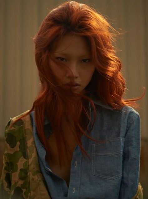 Gorgeous fiery #redhair Asian #JungHoYeon #longhair #fashionshoot Redhead Asian, Ginger Asian, Jung Ho Yeon, Ho Yeon, Sketch Study, Hoyeon Jung, Face References, Ginger Women, Character Inspo