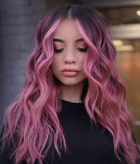 Brown To Color Balayage, Brown With Color Hair, Blonde Hair With Vivid Highlights, Pink Hair For Pale Skin, Dark Root Pink Hair, Dark Roots Colored Hair, Rooted Pink Hair, Pink Hair Balayage Brown, Healthy Hair Color Ideas