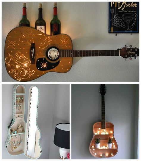 I found these cool ideas to use old guitars and cases on Pinterest! Guitar Wine Rack: “I made this out of an old, broken guitar. Didn’t cost a penny. “Google” swirl images and print them out. Tape stencils on the guitar. Drill holes along stencil. Remove paper. Use a jig saw to open top about 1/3rd … Guitar Lamp, Broken Guitar, Guitar Shelf, Guitar Crafts, Crafty Morning, Guitar Diy, Guitar Ideas, Music Room Decor, Diy Casa