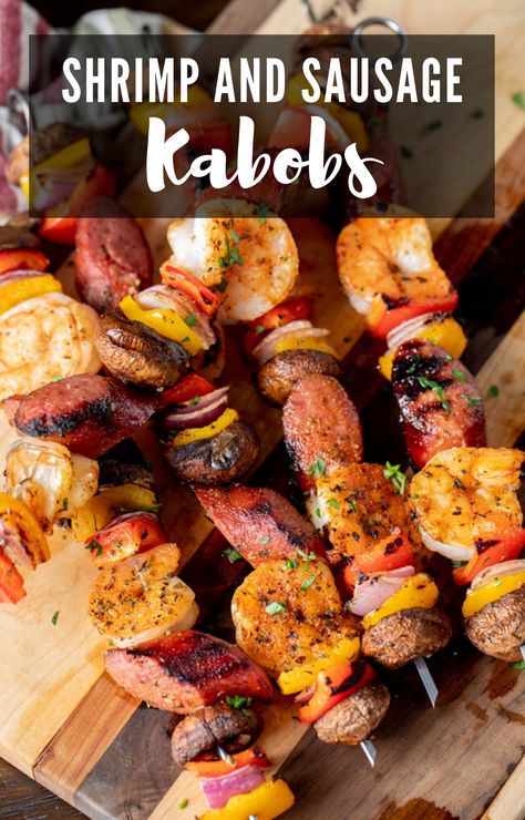 Sausage Kebabs, Shrimp Kabob Recipes, Sausage Kabobs, Sausage Shrimp, Hey Grill Hey, Shrimp And Sausage, Shrimp Kabobs, Smoked Sausage Recipes, Grilling Kabobs