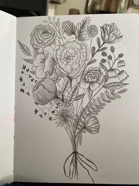 Drawing with pencil in journal of a bouquet of flowers Flower Bouquet Drawing Realistic, Sketch Of Bouquet Of Flowers, Flower Drawings Bouquet, Bouquet Sketch Drawings, Flower Bouquet Sketch Simple, Peonies Bouquet Drawing, Bouquet Of Flower Drawing, How To Draw Flower Bouquet, Wild Flower Bouquet Drawing