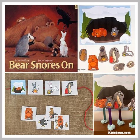 Bear Snores On Story Time Activities, Crafts, and Games. Bear Snores On story printables and re-telling cards and activity. Bear Snores On song and coloring sheet Story Time Activities, Hibernation Crafts, Forest Animals Preschool, Hibernation Activities, Animals That Hibernate, Nursery Preschool, Winter Activities Preschool, Preschool Stem, Snow Much Fun