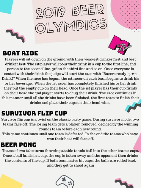 Drinking Olympics Games Bachelorette Parties, Beer Olympics Bachelorette Party, Drink Olympics, Beer Olympics Games Ideas, Drunk Olympics Games, Beer Olympics Team Themes, Drinking Olympics Games, Bachelorette Olympics, Beer Olympics Teams