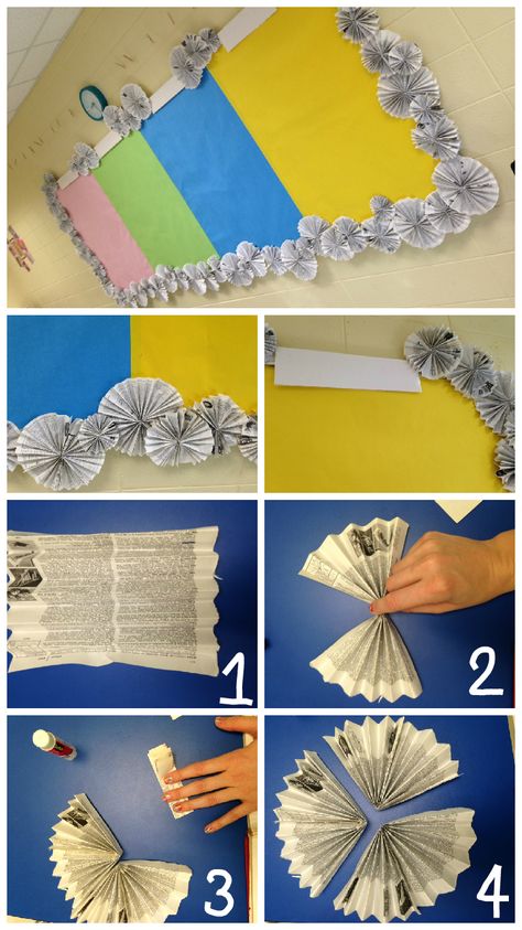 Super cheap way to decorate your classroom! I made a border for my bulletin boards using found or upcycled paper (books being recycled or old newspaper works great!). Recycle an old magazine, book, or dictionary to create an interesting bulletin border for your classroom. 1. Fold paper accordion-style. (Use different page sizes to vary the size of the circle). 2. Pinch the middle of the page. 3. Fold page over and glue. 4. Once you have 3 "triangles" folded, glue the three together. Once dry, yo School Structure, School Clinic, Pto Board, Learning Garden, Bulletin Borders, Art Bulletin Boards, Border Decoration, Old Magazine, Library Bulletin Boards