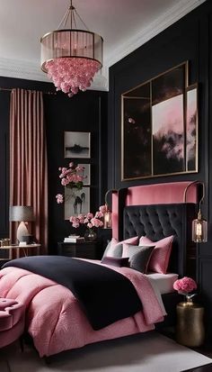 Dark Feminine Bedroom Decor, Feminine Bedrooms For Women, Dark Feminine Room, Black Room Decor Bedroom, Black Home Aesthetic, Modern Feminine Bedroom, Bedroom Sanctuary Ideas, Black And Pink Bedroom, Pink And Black Bedroom Ideas