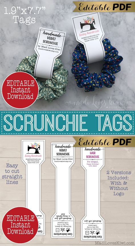 Scrunchie Tags, Diy Hair Scrunchies, Buat Pita, Scrunchies Diy, Packaging Ideas Business, Handmade Scrunchie, Packaging Template, Product Labels, Handmade Tags