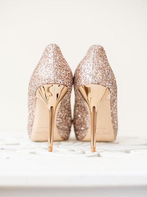 Put a party on your feet with glittery stiletto wedding shoes that put Cinderella's glass heels to shame. Glass Heels, Gold Wedding Shoes, Glitter Outfit, Bridal Shoe, Glitter High Heels, Gold High Heels, Wedding Boots, Shoe Ideas, Prom Heels