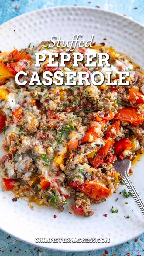 Stuffed Pepper Casserole served on a big plate Pepper Casserole, Stuffed Pepper Casserole, Bell Pepper Recipes, Stuffed Pepper, Easy Casserole Recipes, Peppers Recipes, Health Dinner Recipes, Easy Casserole, Beef Dinner