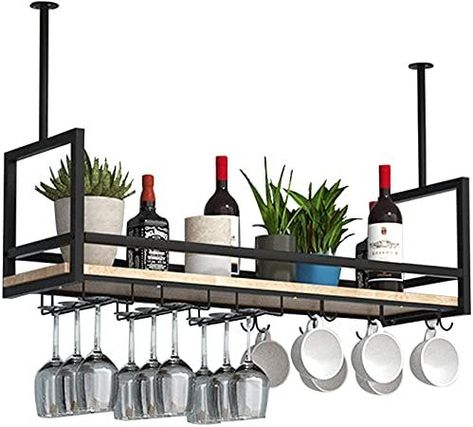 High Ceiling Shelf Decor, Floating Shelves For Kitchen, Ceiling Shelf, Hanging Shelf Kitchen, Black Kitchen Shelves, Hanging Storage Shelves, Shelves For Kitchen, Wine Glass Shelf, Hanging Wine Glass Rack