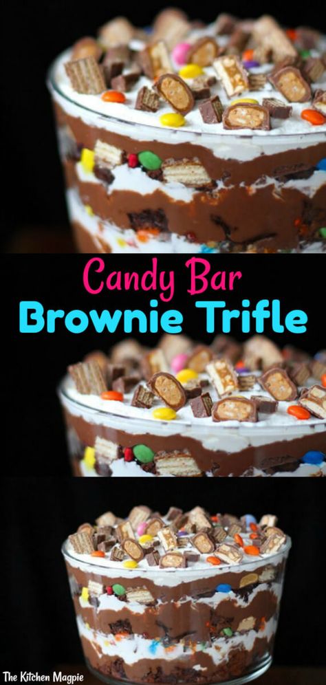 Leftover Halloween Candy Recipes, Brownie Trifle Recipe, Trifle Bowl Recipes, Trifle Dessert Recipes, Candy Bar Cake, Brownie Trifle, Leftover Halloween Candy, Chocolate Trifle, Trifle Desserts