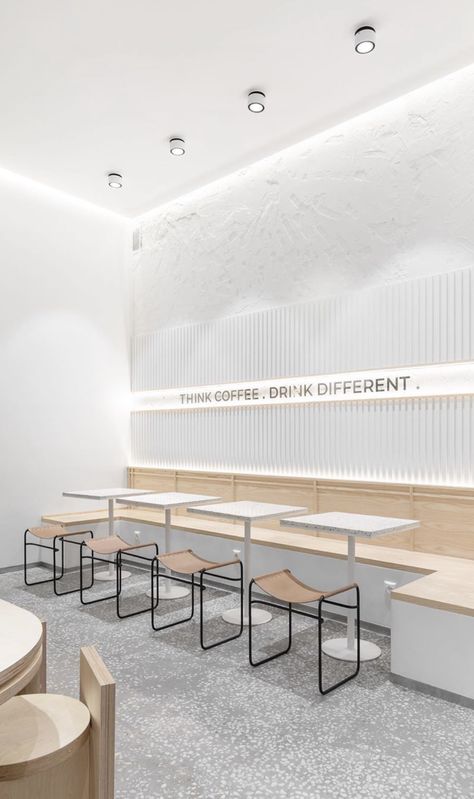 All White Restaurant, Contemporary Cafe Interior Design, Minimalist Cafe Interior Design, White Restaurant Interior Design, Minimal Cafe Design, Minimalist Cafe, Minimal Cafe, Coffee Shop Concept, Small Restaurant Design