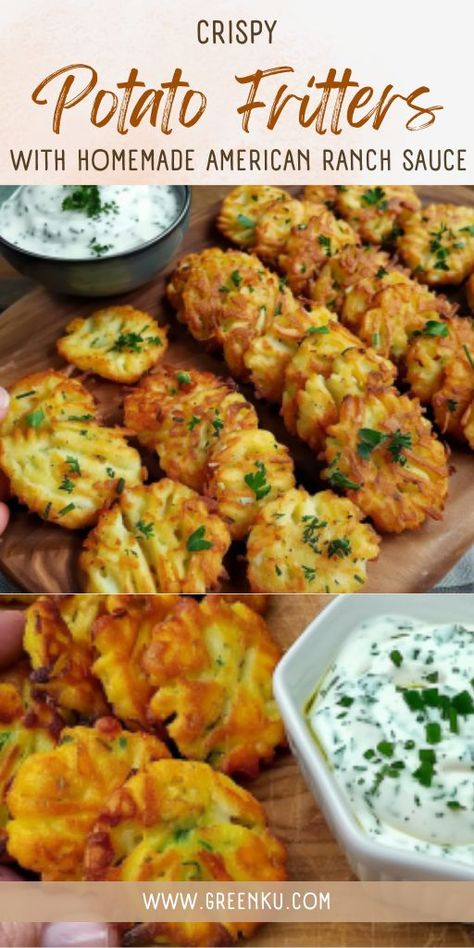 Get ready to fall in love with our crispy potato fritters paired with creamy homemade American ranch sauce! It's a match made in snack heaven. 🥔💕 #SnackTime #HomemadeSauces #PotatoRecipes #DeliciousDips #SatisfyingCrunch Roasted Veggies In Oven, Sweet Potato Fritters, Best Potato Recipes, Ranch Sauce, Sweet Roll Recipe, Salmon Patties Recipe, Potato Fritters, Vegetable Side Dishes Recipes, Potato Recipes Side Dishes